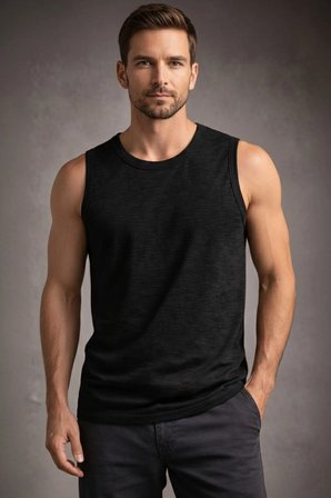 Erkek Flamlı Kumaş Kolsuz Atlet Günlük Fitness Spor T-Shirt - Siyah