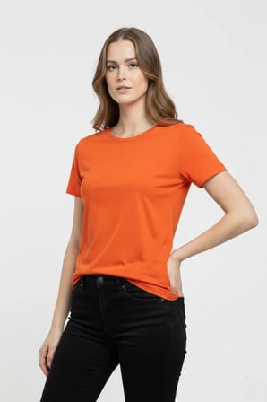 Kadın T-Shirt Bisiklet Yaka Slim Fit Likralı Tişört Yazlık Basic Body - Turuncu