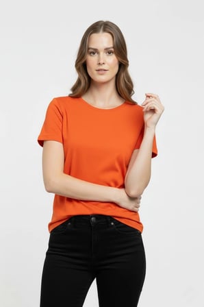 Kadın T-Shirt Bisiklet Yaka Slim Fit Likralı Tişört Yazlık Basic Body - Turuncu