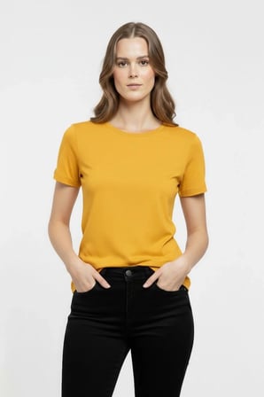 Kadın T-Shirt Bisiklet Yaka Slim Fit Likralı Tişört Yazlık Basic Body - Sarı