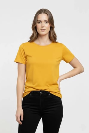 Kadın T-Shirt Bisiklet Yaka Slim Fit Likralı Tişört Yazlık Basic Body - Sarı