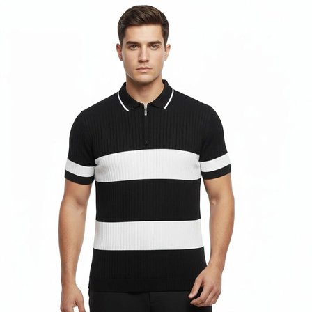 Erkek T-shirt Çizgili Triko Kumaş Polo Yaka Yarım Fermuarlı Kısa Kol Tişört - Siyah