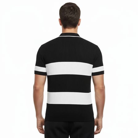 Erkek T-shirt Çizgili Triko Kumaş Polo Yaka Yarım Fermuarlı Kısa Kol Tişört - Siyah