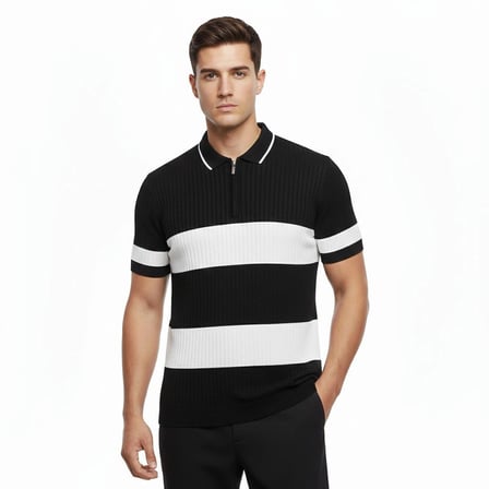 Erkek T-shirt Çizgili Triko Kumaş Polo Yaka Yarım Fermuarlı Kısa Kol Tişört - Siyah