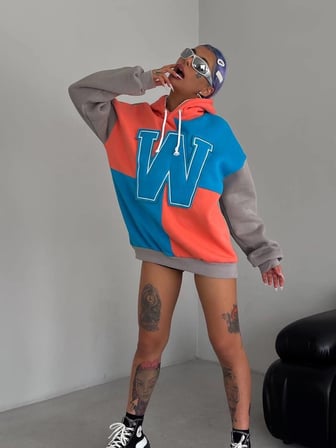 Kadın W Nakış İşlemeli Kapüşonlu 3 iplik pamuklu Parçalı Sweatshirt Hoodie - Mavi