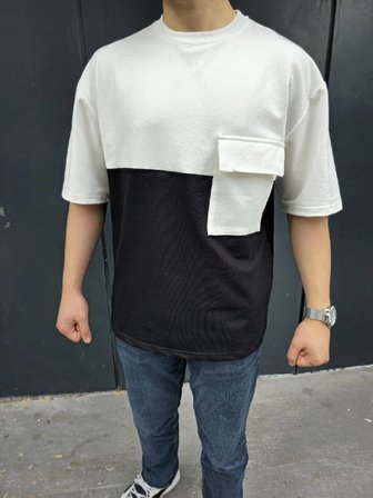 Erkek Kısa Kol Yazlık Tişört Torba Cepli Parçalı T-Shirt - Siyah