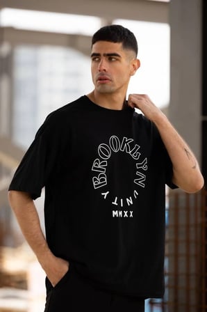 Erkek Baskılı T-Shirt Kısa Kol Bisiklet Yaka Regular Fit Rahat Kalıp Günlük Tişört - Siyah