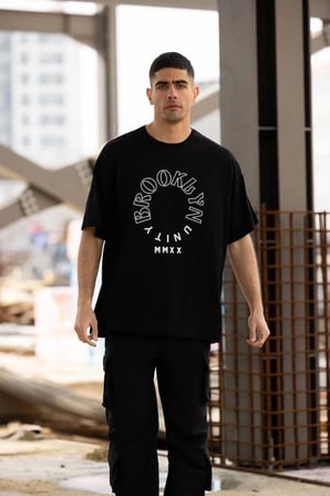 Erkek Baskılı T-Shirt Kısa Kol Bisiklet Yaka Regular Fit Rahat Kalıp Günlük Tişört - Siyah