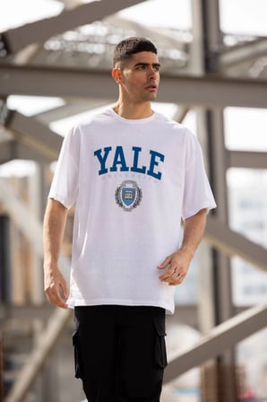 Erkek Kısa Kol Yazlık Tişört Bisiklet Yaka YALE Baskılı  T-Shirt - Beyaz