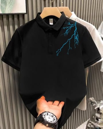 Erkek Polo Yaka Tişört Düğmeli Yıldırım Baskılı Pike T-Shirt - Siyah