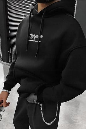 Erkek 3 İplik Pamuklu Kapüşonlu Baskılı Cepli Oversize Sweatshirt Hoodie - Siyah