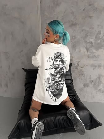 Kadın Kısa Kol Tişört Bisiklet Yaka Filistin Poşülü Baskılı T-Shirt - Beyaz
