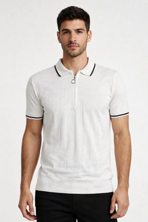 Erkek Yazlık Dokuma Triko Tişört Fermuarlı Polo Yaka Kısa Kol T-Shirt - Beyaz