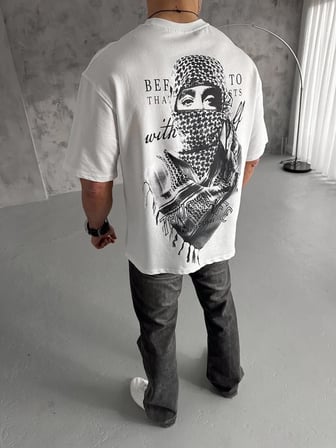 Erkek Kısa Kol Tişört Bisiklet Yaka Filistin Poşulu Baskılı T-Shirt - Beyaz