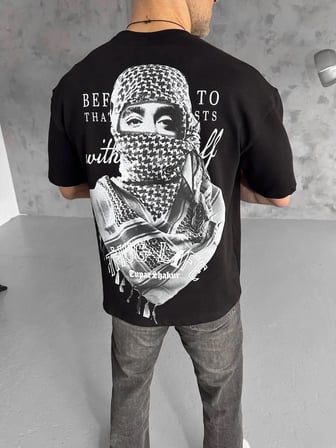 Erkek Kısa Kol Tişört Bisiklet Yaka Filistin Poşulu Baskılı T-Shirt - Siyah