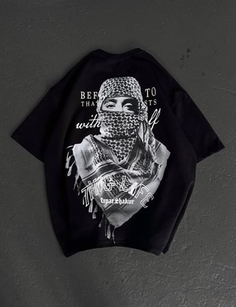Erkek Kısa Kol Tişört Bisiklet Yaka Filistin Poşulu Baskılı T-Shirt - Siyah