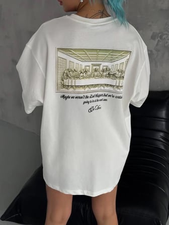 Kadın Baskılı T-Shirt Kısa Kol Bisiklet Yaka Oversize Rahat Kalıp Günlük Tişört - Beyaz