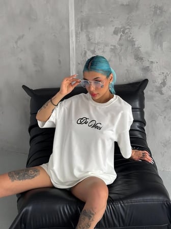 Kadın Baskılı T-Shirt Kısa Kol Bisiklet Yaka Oversize Rahat Kalıp Günlük Tişört - Beyaz