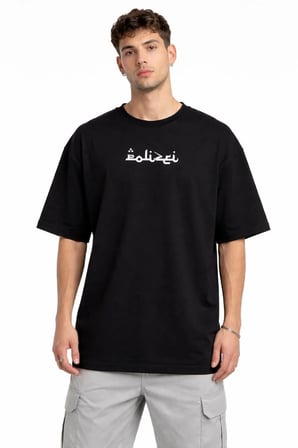 Erkek Kısa Kol Yazlık Tişört Bisiklet Yaka Baskılı Oversize T-Shirt - Siyah