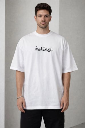 Erkek Kısa Kol Yazlık Tişört Bisiklet Yaka Baskılı Oversize T-Shirt - Beyaz