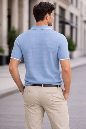 Erkek Fitilli Yazlık Triko Tişört Düğmesiz Polo Yaka Kısa Kol T-shirt - Bebek Mavisi
