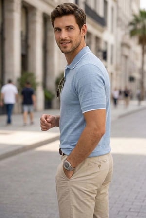 Erkek Fitilli Yazlık Triko Tişört Düğmesiz Polo Yaka Kısa Kol T-shirt - Bebek Mavisi