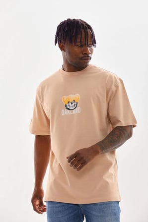 Erkek Baskılı T-Shirt Kısa Kol Bisiklet Yaka Rahat Kalıp Tişört - Bej