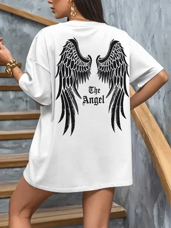 Kadın Kısa Kol Tişört Bisiklet Yaka Angel Melek Kanadı Baskılı T-Shirt - Beyaz
