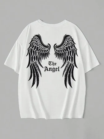 Kadın Kısa Kol Tişört Bisiklet Yaka Angel Melek Kanadı Baskılı T-Shirt - Beyaz