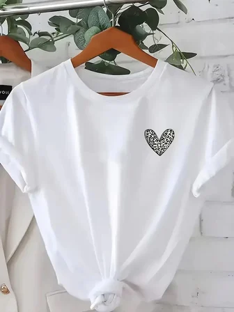 Kadın Kalp Baskılı T-Shirt Kısa Kol Bisiklet Yaka Oversize Rahat Kalıp Günlük Tişört - Beyaz