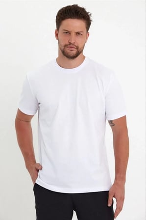 Erkek Düz Penye Tişört Bisiklet Yaka Kısa Kol Regular Fit T-Shirt - Beyaz