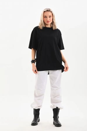 Kadın Düz  Kısa kol Penye T-shirt - Siyah