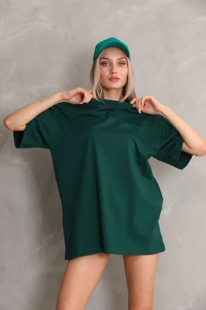 Kadın Düz  Kısa kol Penye T-shirt- Yeşil