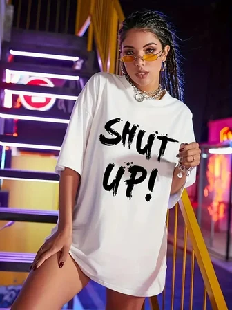 Kadın Shut Up Baskılı Tişört Kısa Kol Bisiklet Yaka Oversize T-Shirt - Beyaz