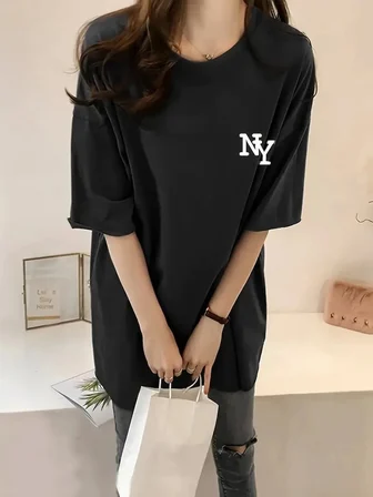 Kadın T-shirt Bisiklet yaka  NY Baskılı kısa kol Tişört - Siyah