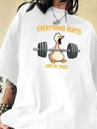 Kadın T-Shirt Ördek Baskılı Bisiklet Yaka Kısa kol Tişört - Beyaz