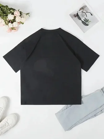 Kadın T-Shirt Ördek Baskılı Bisiklet Yakalı Kısa kol Tişört - Siyah