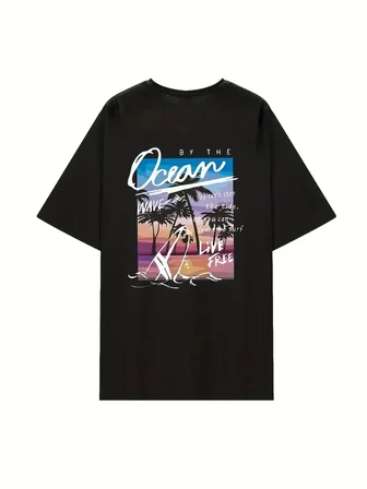 Kadın Kısa Kol Yazlık Tişört Bisiklet Yaka Okyanus Baskılı T-Shirt - Siyah