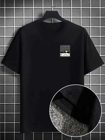 Erkek Tişört Dağ Grafikli Kısa kollu Yazlık T-shirt - Siyah