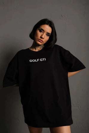 Kadın Oversize Tişört Golf GTI Retro Araba Baskılı T-shirt- Siyah