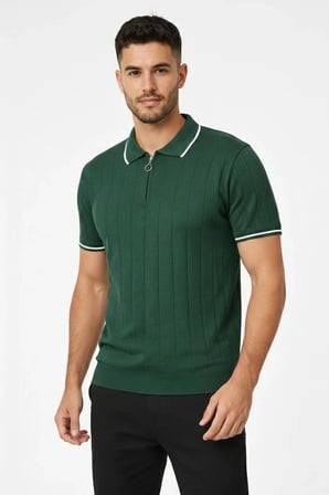 Erkek Yazlık Dokuma Triko Tişört Fermuarlı Polo Yaka Kısa Kol T-Shirt - Yeşil
