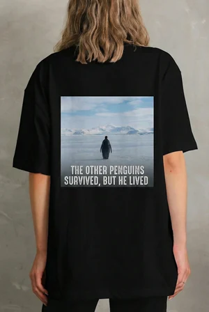 Kadın T-Shirt Penguen Baskılı Bisiklet Yaka Kısa kol yazlık Tişört - Siyah