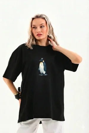 Kadın T-Shirt Penguen Baskılı Bisiklet Yaka Kısa kol yazlık Tişört - Siyah