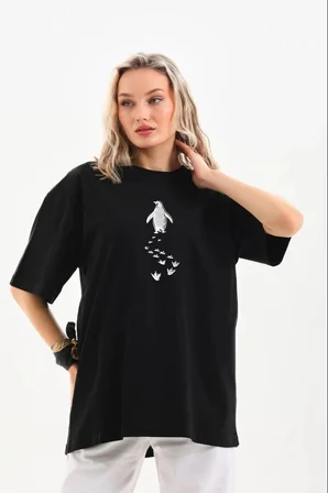 Kadın T-Shirt Penguen Baskılı Bisiklet Yaka Kısa kol yazlık Tişört - Siyah