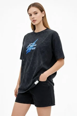 Kadın Asit Yıkamalı Oversize Tişört Bisiklet Yaka Kısa Kol T-shirt - Siyah