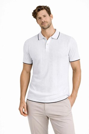 Erkek Polo Yaka Düğmeli Triko Tişört Yazlık Dokuma Regular Fit T-Shirt - Beyaz