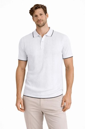 Erkek Polo Yaka Düğmeli Triko Tişört Yazlık Dokuma Regular Fit T-Shirt - Beyaz