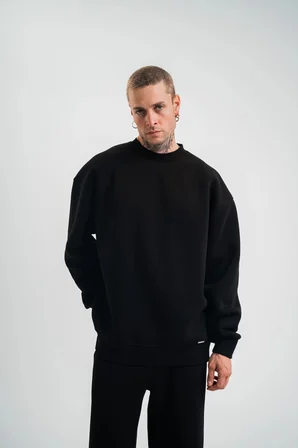 Erkek Uzun Kol Bisiklet Yaka 3 iplik Pamuklu Kışlık SweatShirt - Siyah