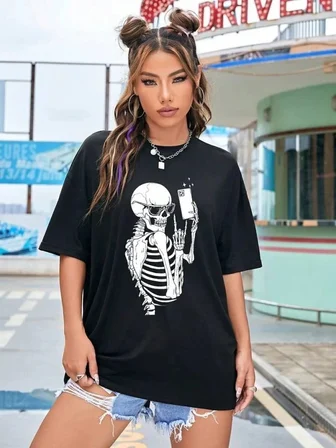 Kadın iskelet Baskılı T-Shirt Kısa Kol Bisiklet Yaka Oversize Tişört - Siyah