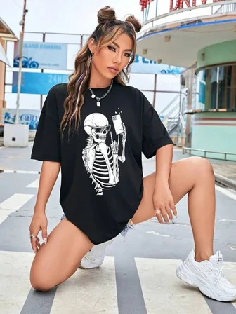 Kadın iskelet Baskılı T-Shirt Kısa Kol Bisiklet Yaka Oversize Tişört - Siyah